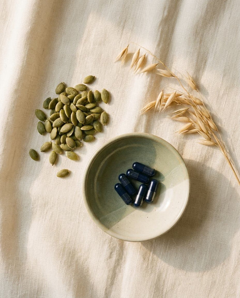 Pumpkin seeds and capsules on cream linen