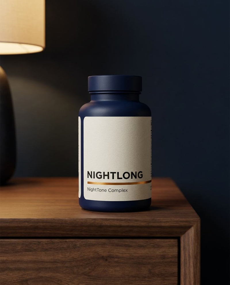 Nightlong bottle on a walnut nightstand